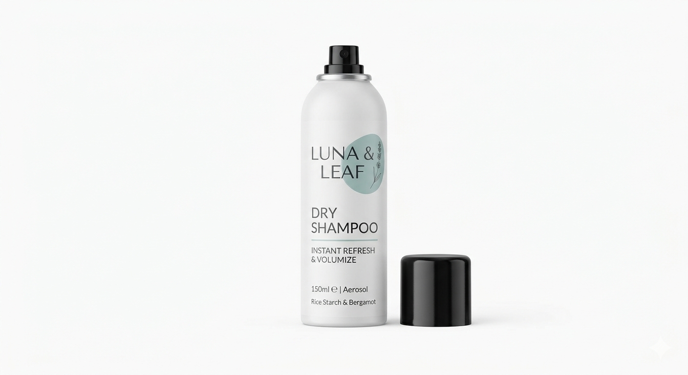 A Luna & Leaf dry shampoo can with its cap beside it