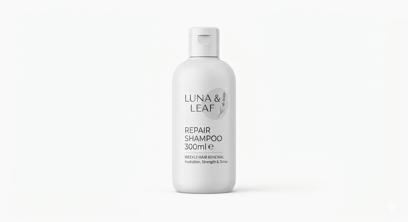 A white Luna & Leaf repair shampoo bottle